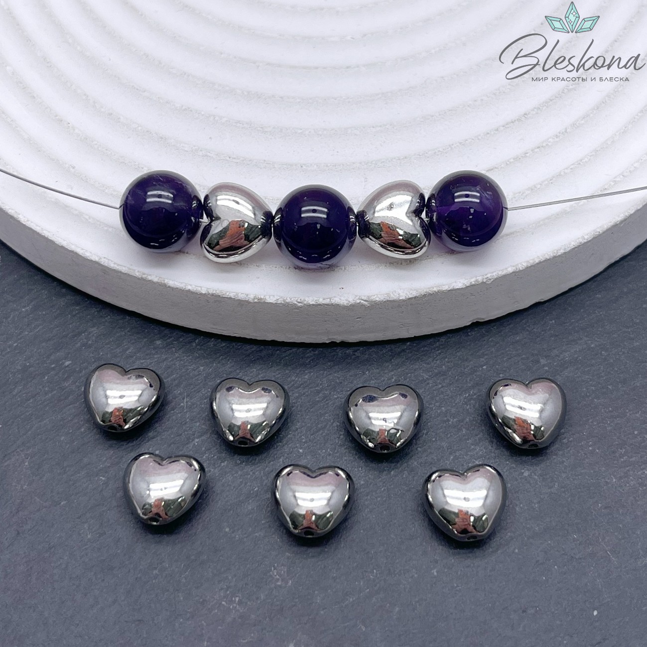 9*10 мм Цвет серебро, Бусина сердце гладкое