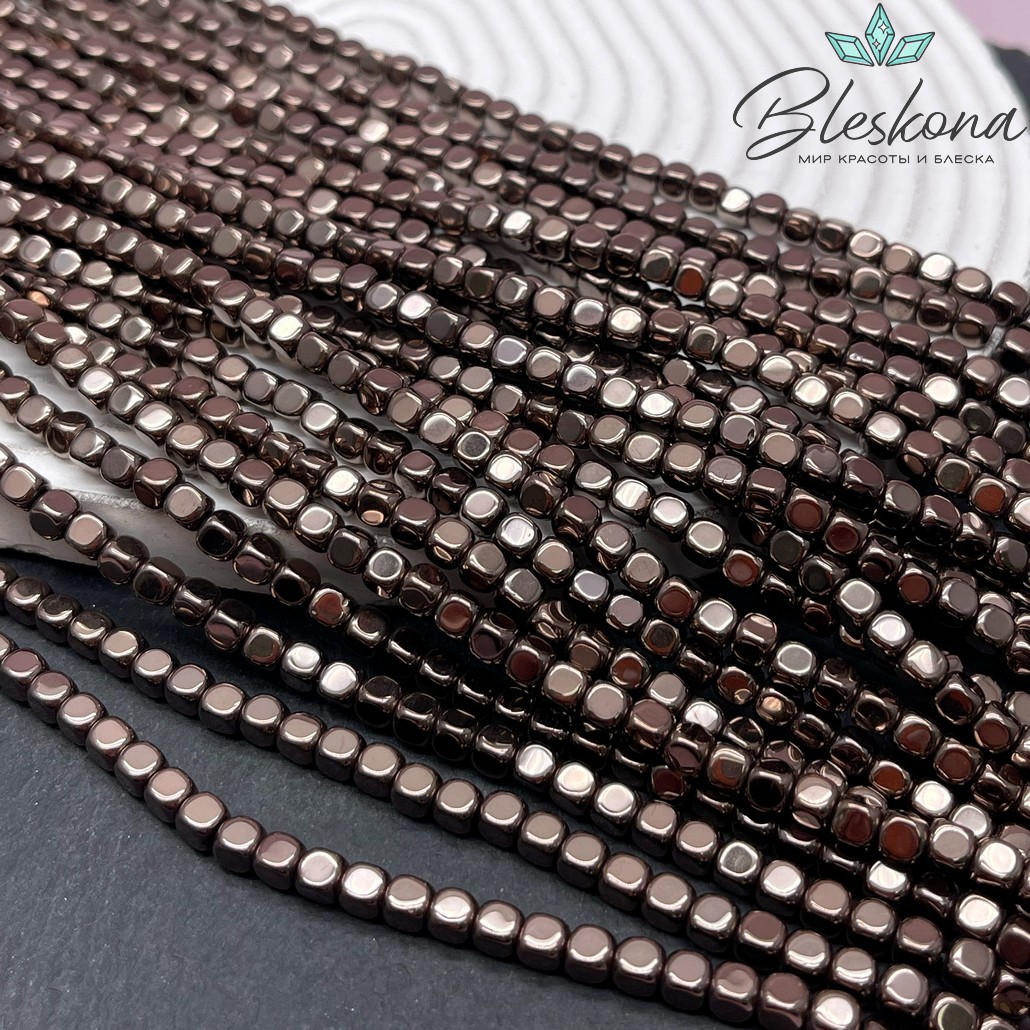 4 мм Гематин, куб округленные стороны, коричневый №1 (шоколадный) имитация 