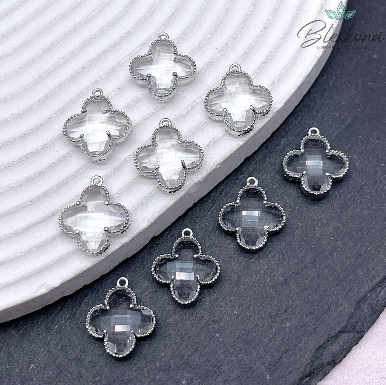 17*15 мм Цвет серебро, Подвеска клевер белый циркон 
