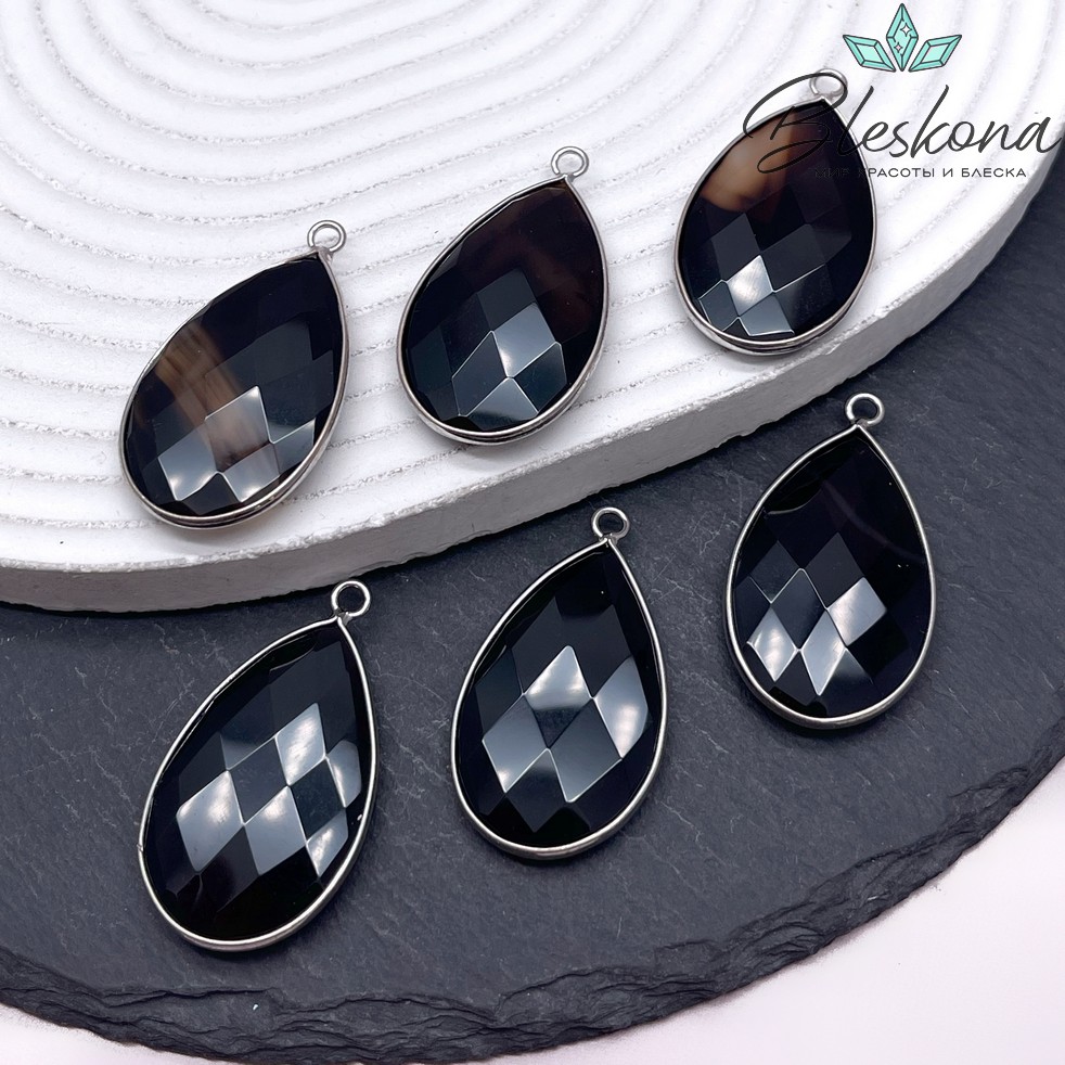 37*21 мм цвет серебро, Подвеска капля Агат черный огранка