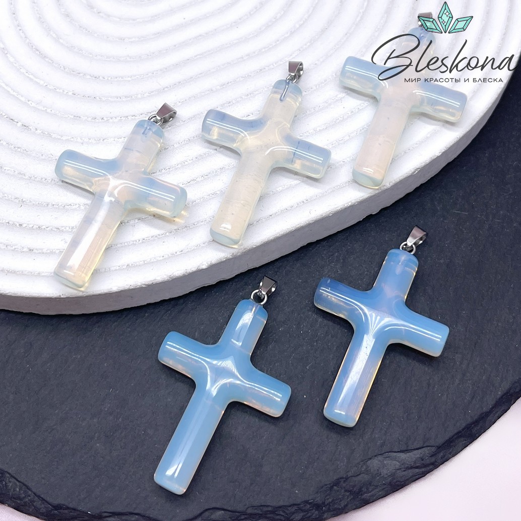 Подвеска крест Лунный камень (имитация), цвет серебро 42*28 мм