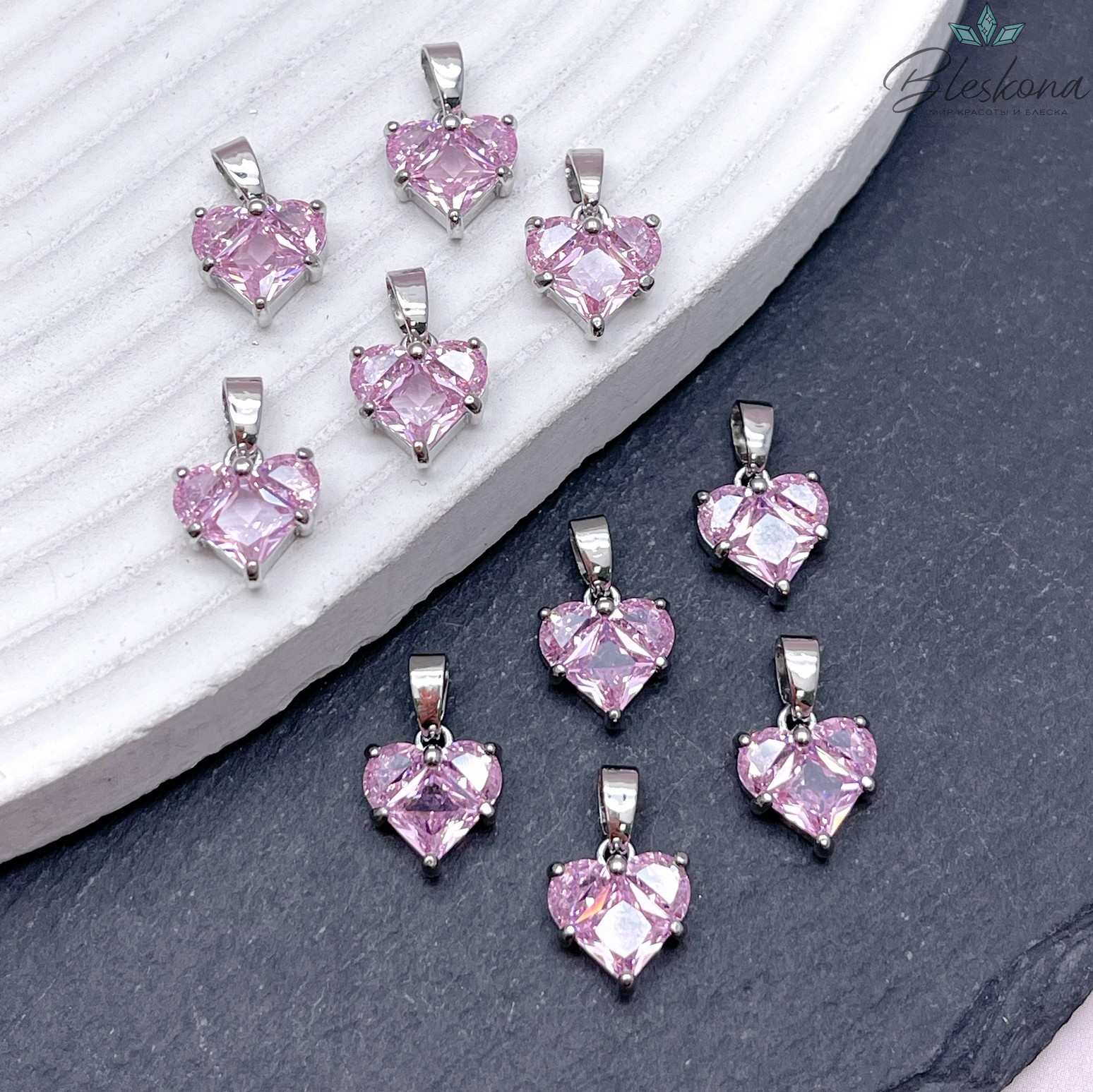 10*9,5 мм, Цвет серебро, Подвеска Сердце розовые цирконы