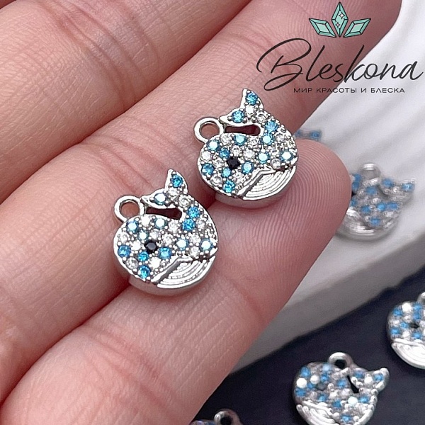 12*12,5 мм Цвет серебро, Подвеска Кит с голубыми цирконами 