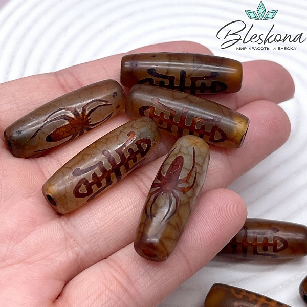 Бусина Дзи Паук и Сау серо-коричневый бочонок 30*11 мм