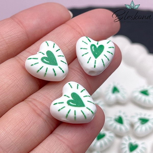 14,5 мм Бусина сердце, керамика цвет белый зеленый рисунок (штучно)