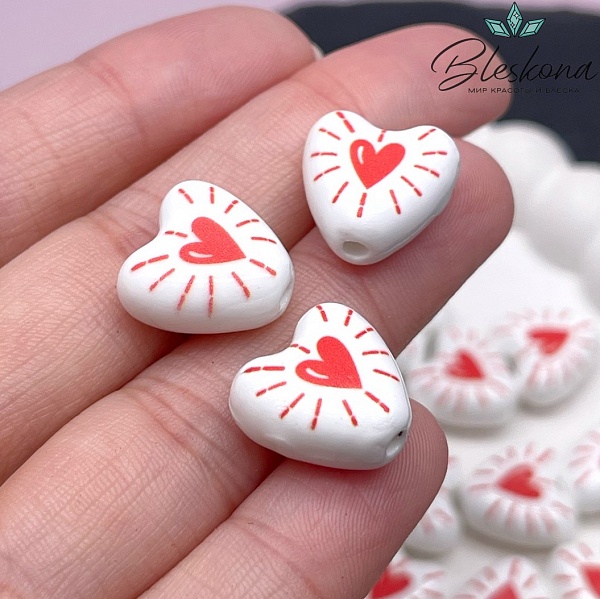 14,5 мм Бусина сердце, керамика цвет белый красный рисунок (штучно)