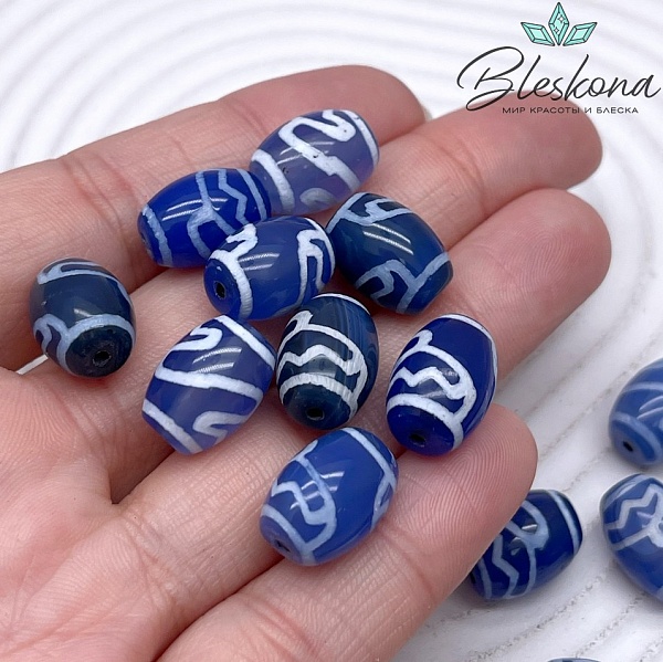 Бусина Дзи Лотос бело-синий бочонок 10*14 мм