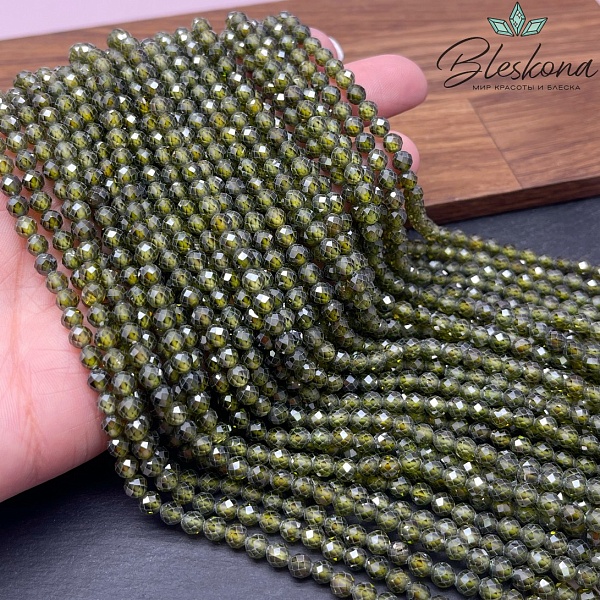 Циркон огранка темно-зеленый 4 мм (кубический цирконий, фианит) 