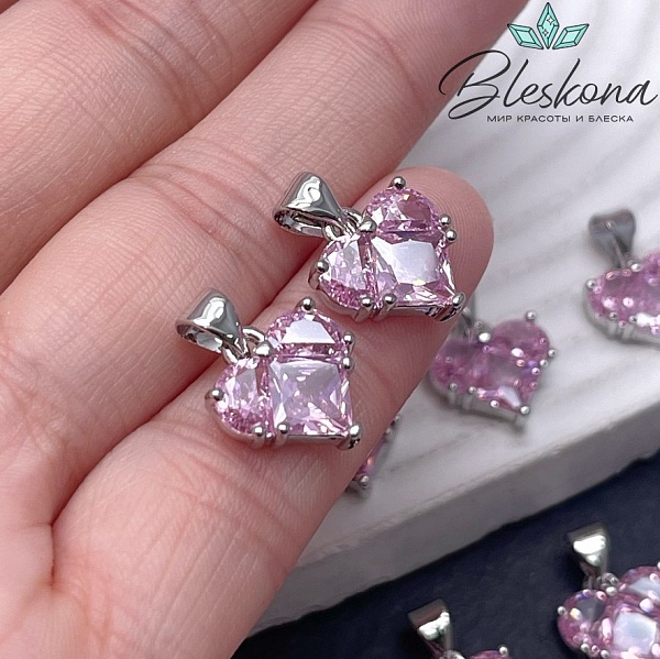 12,7*11,8 мм Цвет серебро, Подвеска Сердце розовые цирконы 