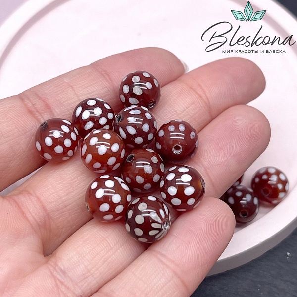 Бусина Дзи точки бело-коричневый шар 10 мм уп.10 шт.