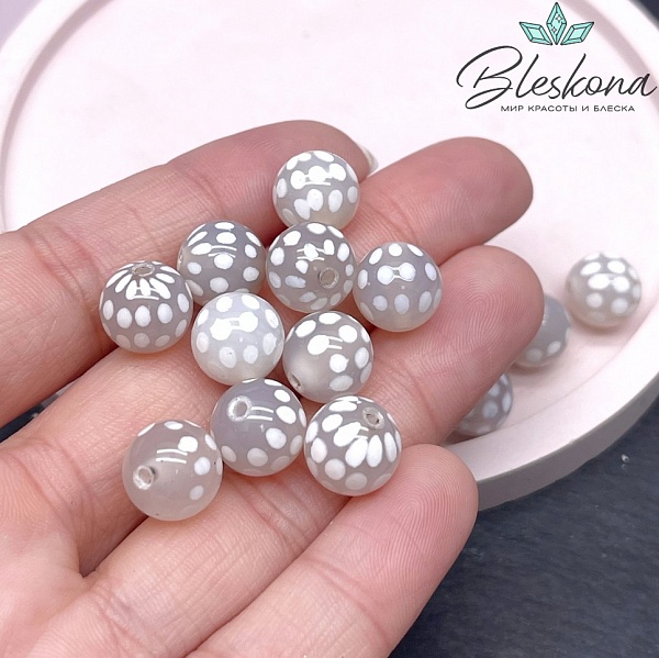 Бусина Дзи точки серо-белый шар 10 мм уп.10 шт.