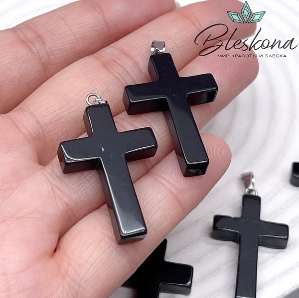 Подвеска крест Агат черный, цвет серебро 35*20 мм