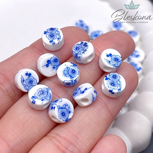 8 мм Керамика Бусина таблетка роспись гжель №3 (штучно)