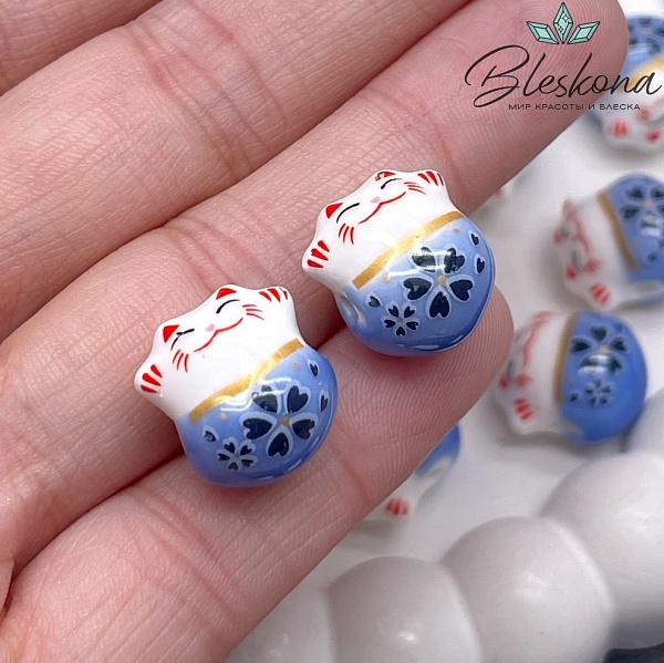 13,5*13 мм Керамика бусина Котик синий, отверстие поперек