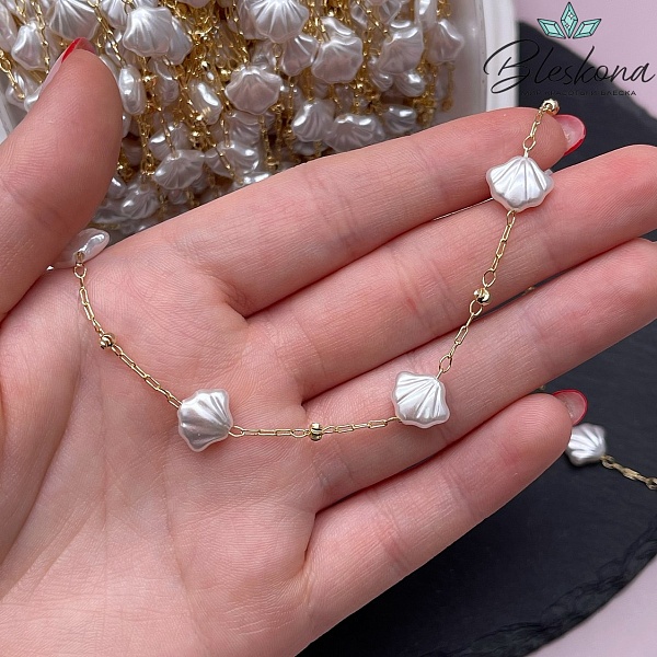 Цепь №261-51 цвет золото 3*1 мм, имитация жемчуга ракушка