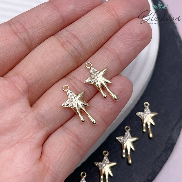 20,7*11,7 мм, Цвет золото, Подвеска звезда с каплями цирконы 20,7*11,7 мм, Цвет золото, Подвеска звезда с каплями цирконы