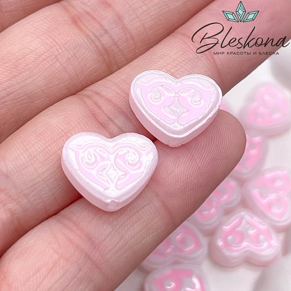 12*15 мм Бусина сердце белое розовый рисунок