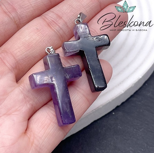 Подвеска крест Аметист, цвет серебро 34*22 мм