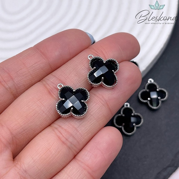 17*15 мм Цвет серебро, Подвеска клевер черный циркон