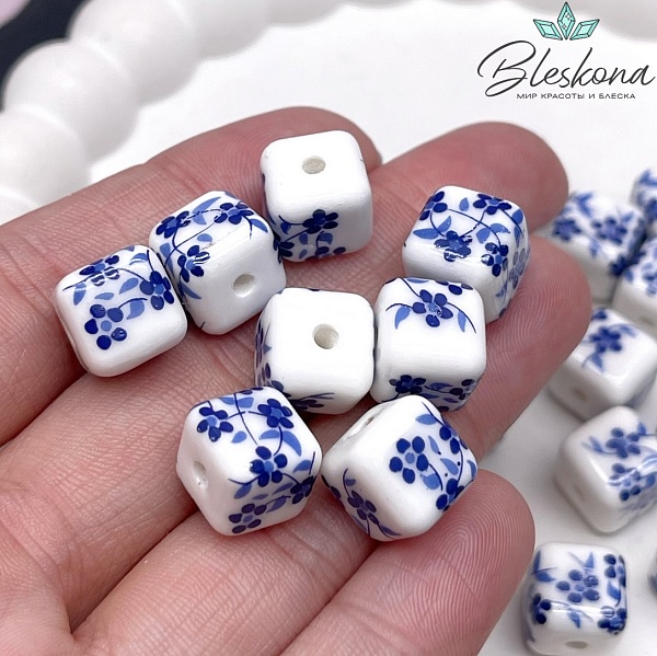 10 мм Керамика Бусина Куб роспись гжель №2 (штучно)