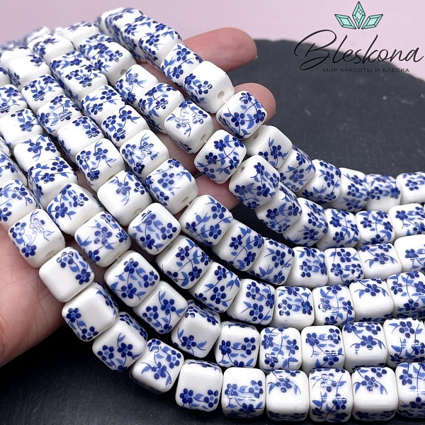 10 мм Керамика Бусина Куб роспись гжель №2