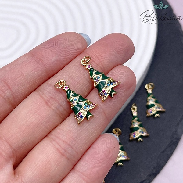 20*10 мм, Цвет золото, Подвеска Елка цирконы зеленая эмаль 20*10 мм, Цвет золото, Подвеска Елка цирконы зеленая эмаль