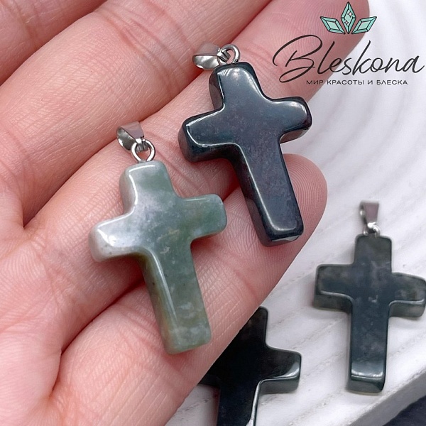 Подвеска крест Агат индийский, цвет серебро 28*18 мм