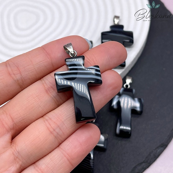 Подвеска крест Агат черный с прожилками, цвет серебро 35*22 мм