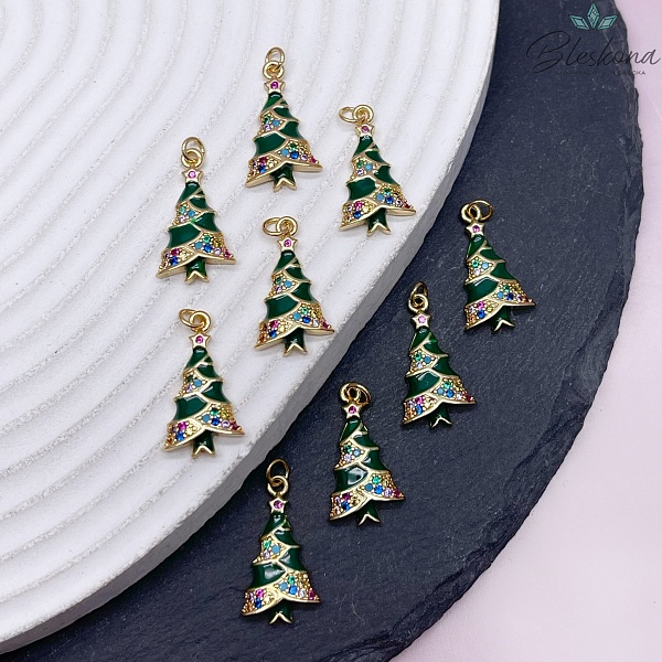 20*10 мм, Цвет золото, Подвеска Елка цирконы зеленая эмаль 20*10 мм, Цвет золото, Подвеска Елка цирконы зеленая эмаль