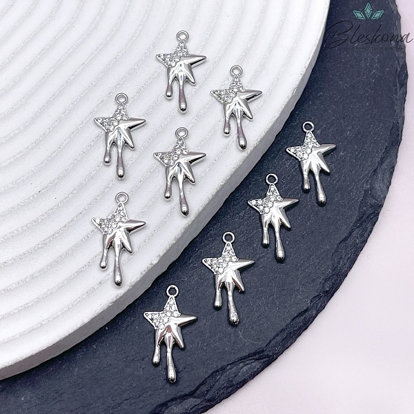 20,7*11,7 мм, Цвет серебро, Подвеска звезда с каплями цирконы 20,7*11,7 мм, Цвет серебро, Подвеска звезда с каплями цирконы