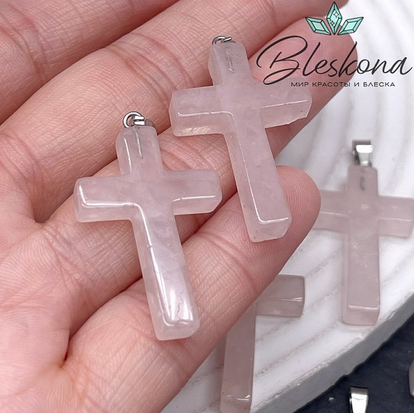 Подвеска крест Розовый кварц, цвет серебро 34*19 мм