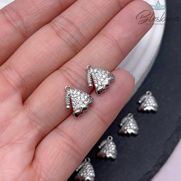 11,5*10 мм Цвет серебро, Подвеска новогодняя шапка цирконы 11,5*10 мм Цвет серебро, Подвеска новогодняя шапка цирконы