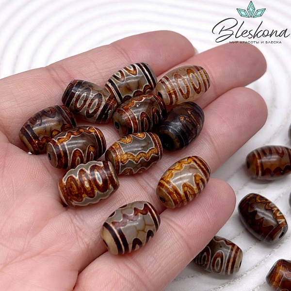 Бусина Дзи 5 глаз серо-коричневый бочонок 10*14 мм