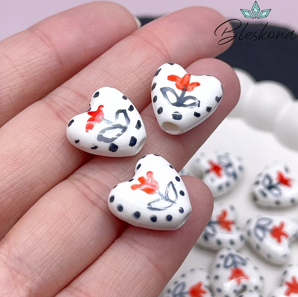 14,5 мм Бусина сердце, керамика цвет белый красный тюльпан (штучно)