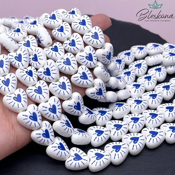 14,5 мм Бусина сердце, керамика цвет белый синий рисунок