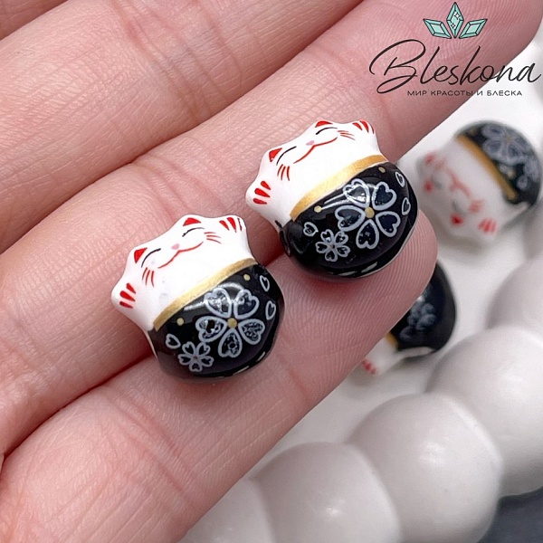 13,5*13 мм Керамика бусина Котик черный, отверстие поперек