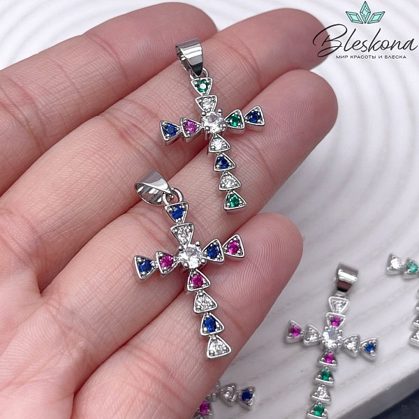 28*18 мм Цвет серебро, Крест цирконы микс