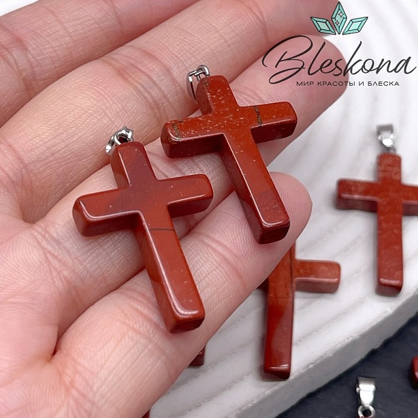 Подвеска крест Яшма красная, цвет серебро 32*20мм