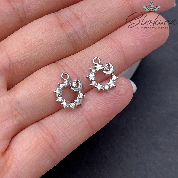 13,5*10,5 мм, Цвет серебро, Подвеска круг звезды с полумесяцем с цирконами