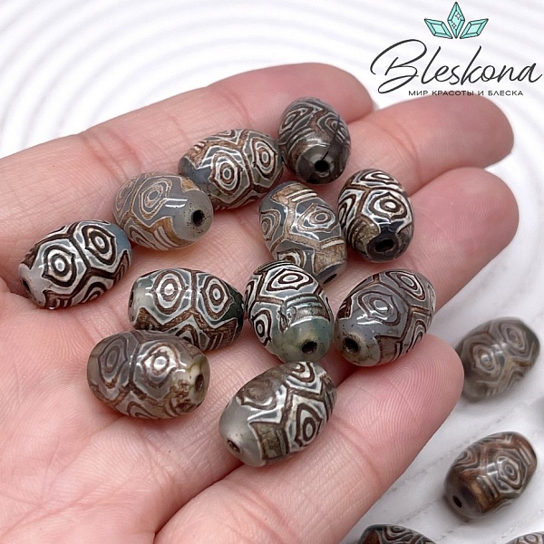 Бусина Дзи 6 глаз Феникса зелено-коричневый бочонок 10*14 мм