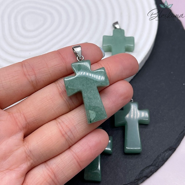 Подвеска крест Авантюрин зеленый, цвет серебро 35*22 мм