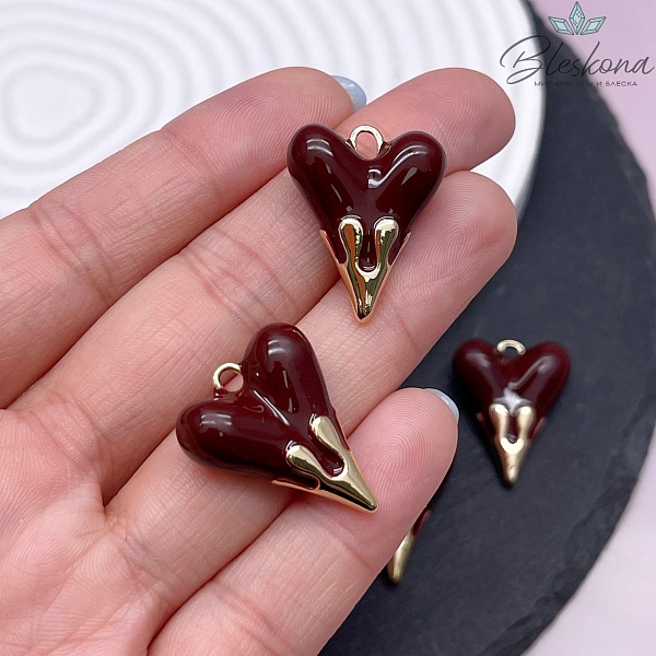 19,5*24,5 мм Цвет золото, Подвеска Сердце коричневая (шоколадная) эмаль 