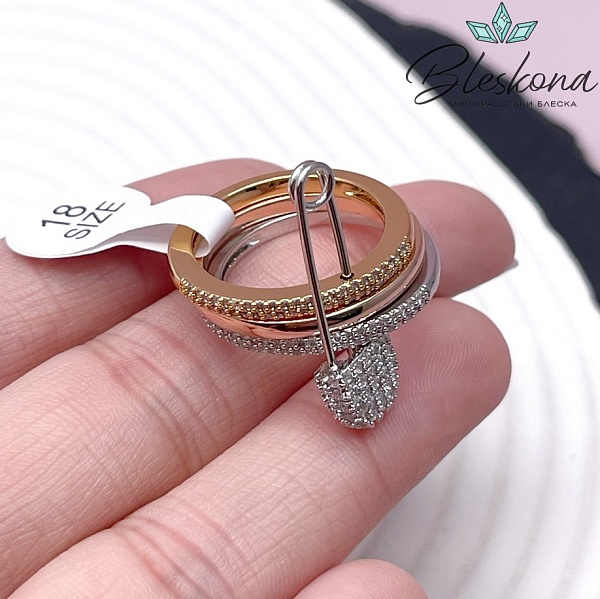 18 мм Цвет биколор, Кольцо размерное тройное с булавкой цирконы 