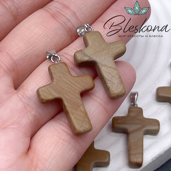 Подвеска крест Яшма пейзажная, цвет серебро 28*18 мм
