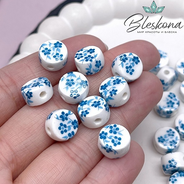 10,5 мм Керамика Бусина таблетка роспись гжель №30 (штучно)