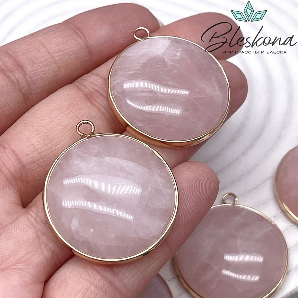 38*34 мм цвет золото, Подвеска круг Розовый кварц