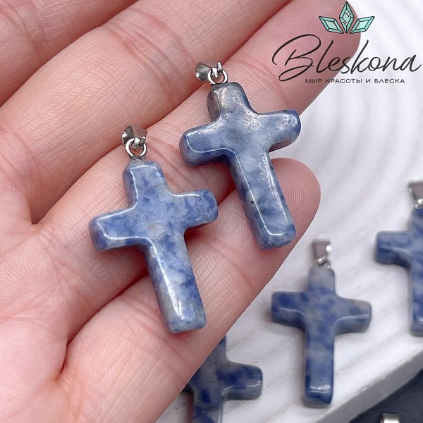 Подвеска крест Яшма синяя пятнистая, цвет серебро 28*18 мм