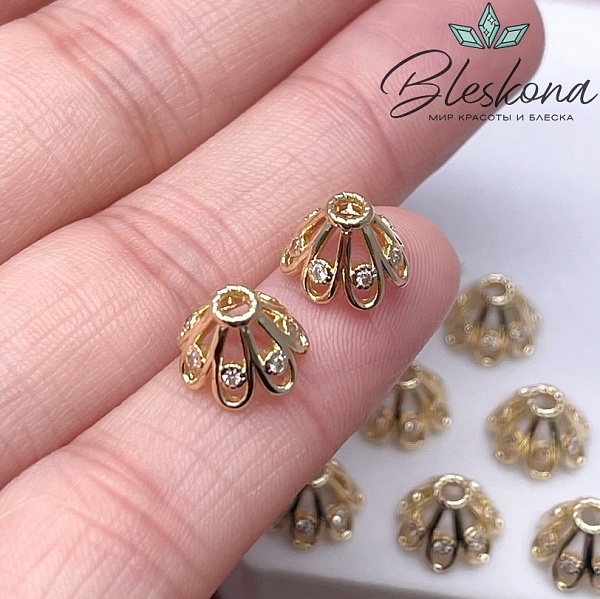 9,5 мм Цвет золото, Шапочка цветок с цирконами 