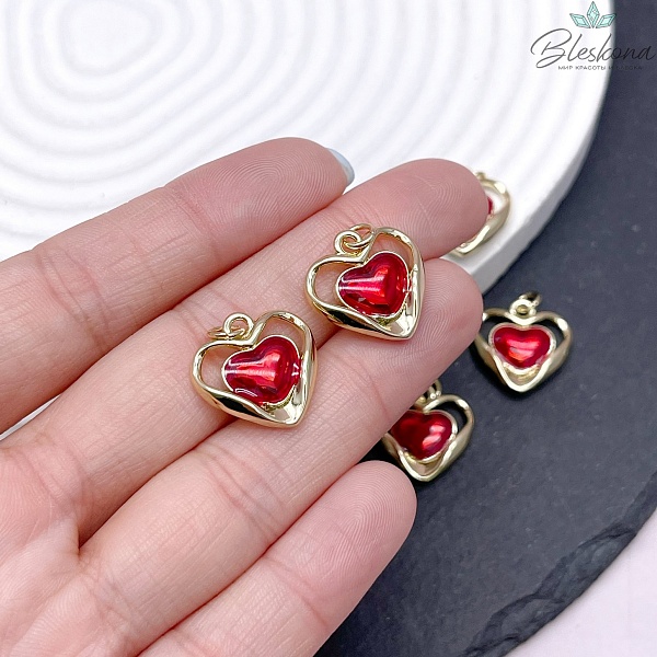 16,5*17 мм, Цвет золото, Подвеска сердце красная эмаль