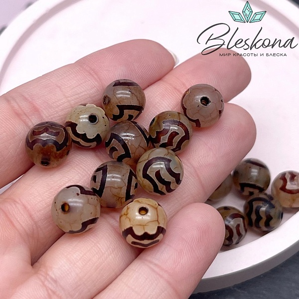 Бусина Дзи Птица Гаруда серо-коричневый шар 10 мм уп.10 шт.